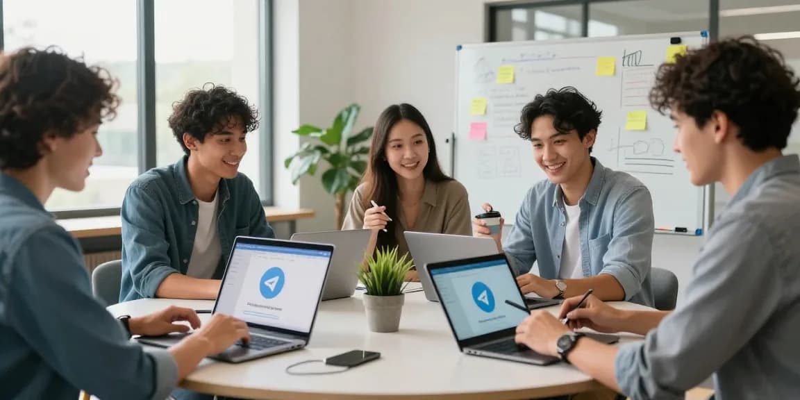 Team using Telegram Web Version for collaboration in a modern co-working space.