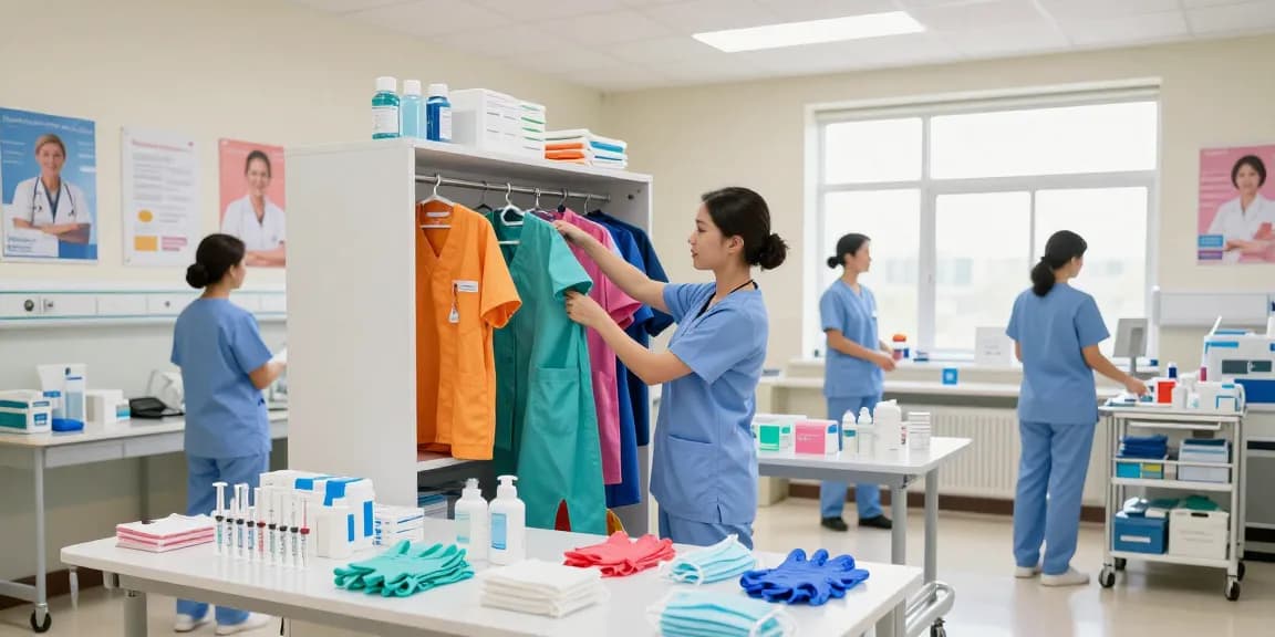 Nurse selecting colorful scrubs and nursing supplies in a hospital supply room.