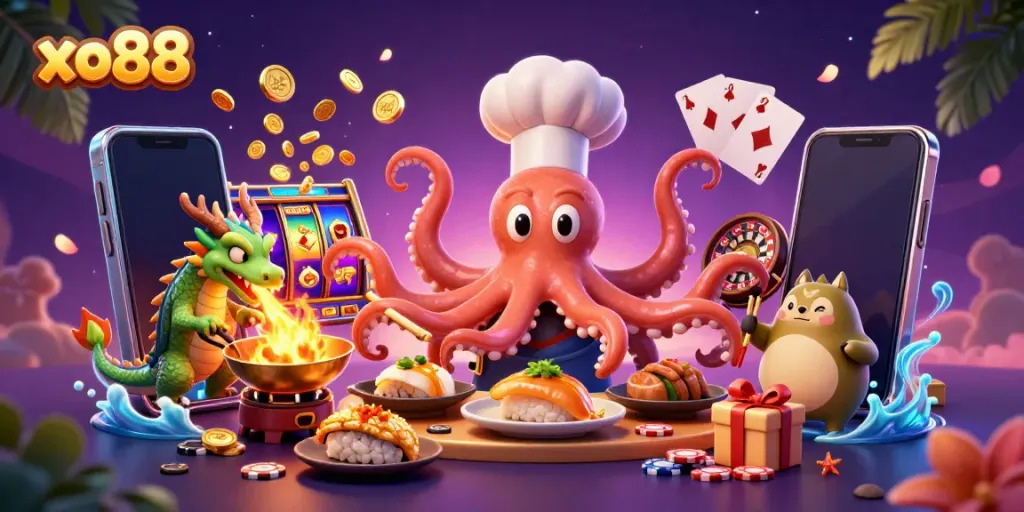 Experience thrilling gameplay at xo88 with a dynamic scene featuring an octopus chef and casino elements.