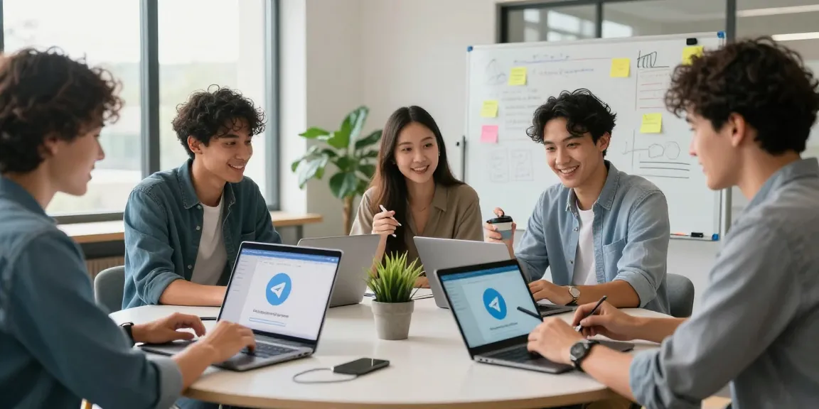 Team using Telegram Web Version for collaboration in a modern co-working space.