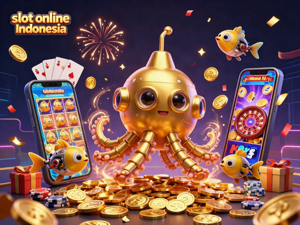 Engage with the thrill of slot online Indonesia through this dynamic 3D illustration featuring golden kraken and slot elements.