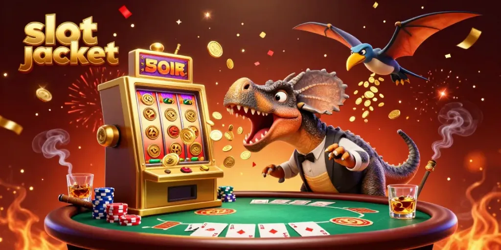 Experience lively slot jackpot action with playful dinosaurs amid casino excitement and colorful poker elements.