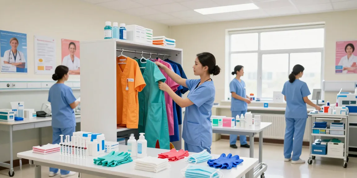 Nurse selecting colorful scrubs and nursing supplies in a hospital supply room.