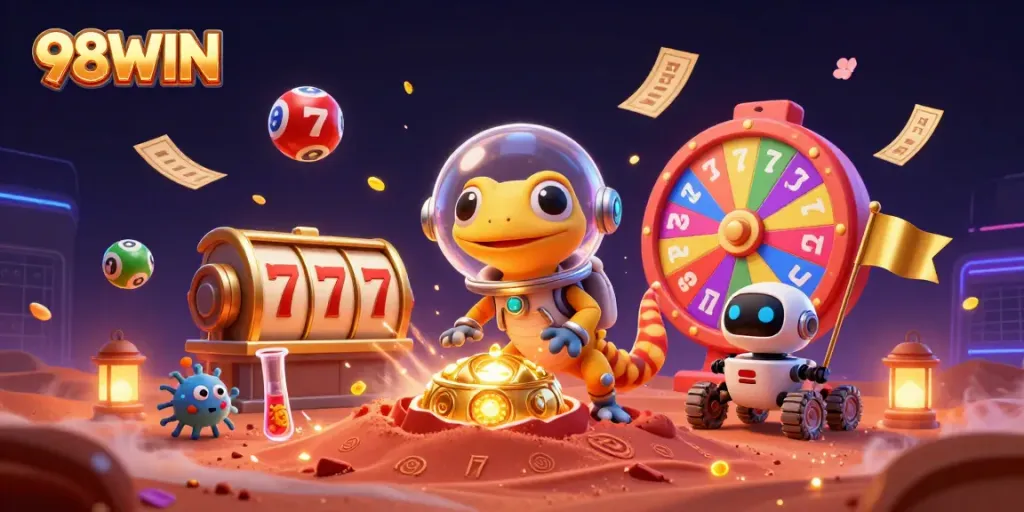 Experience the vibrant energy of 98WIN with a Martian gecko discovering a golden casino among colorful games and lotteries.