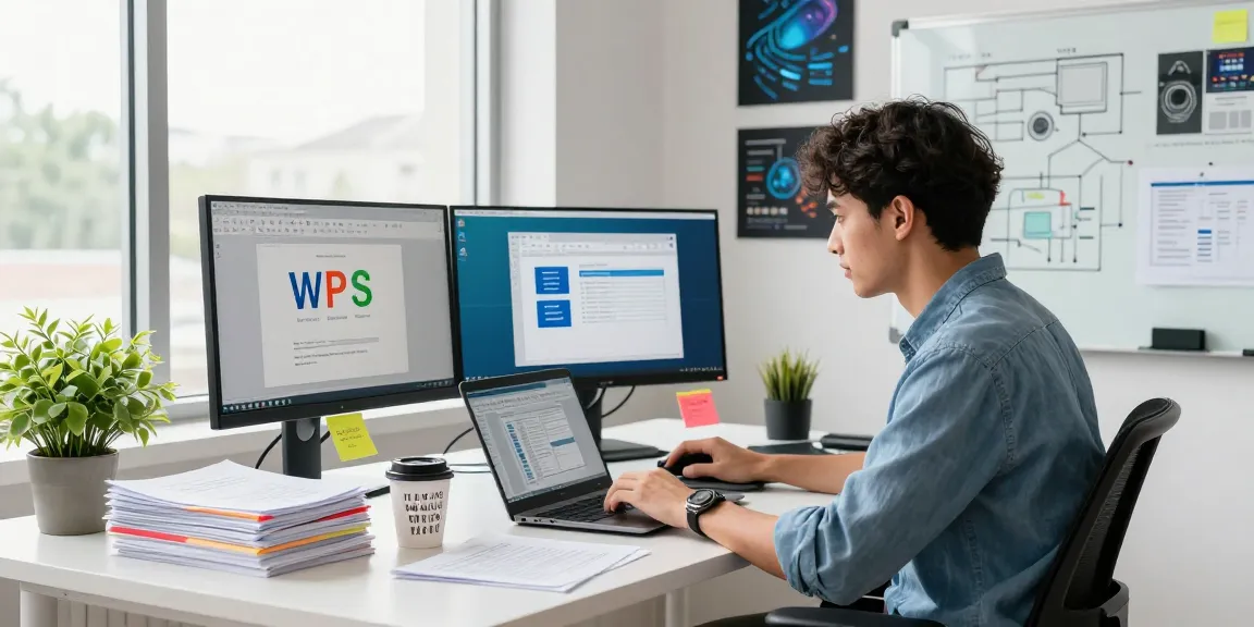 WPS Download in a modern workspace with laptop, documents, and natural light