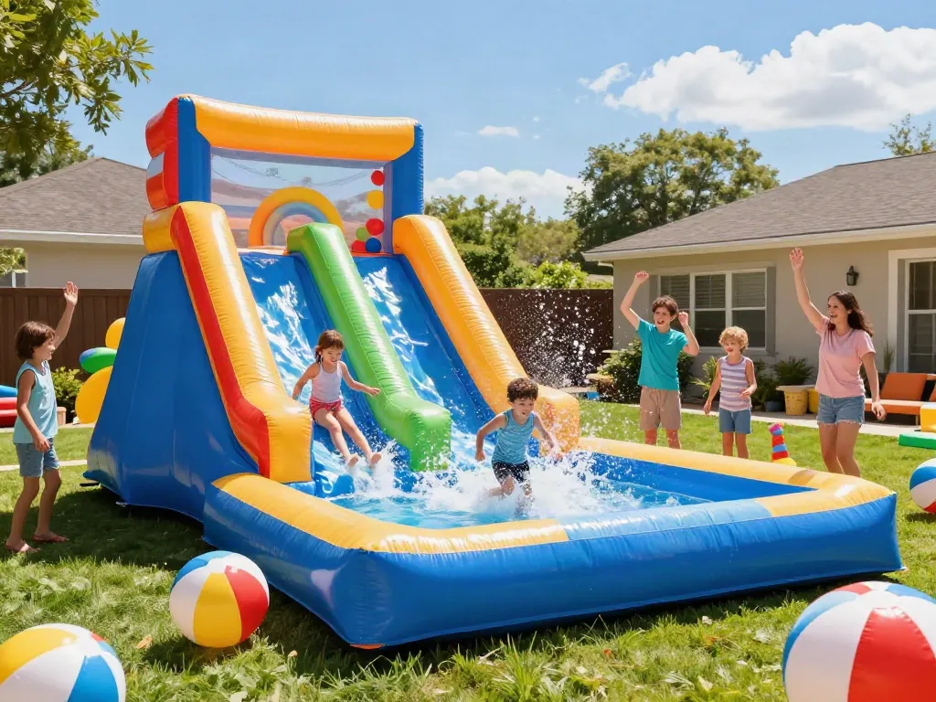Children enjoying a water slide inflatable at a vibrant backyard party.